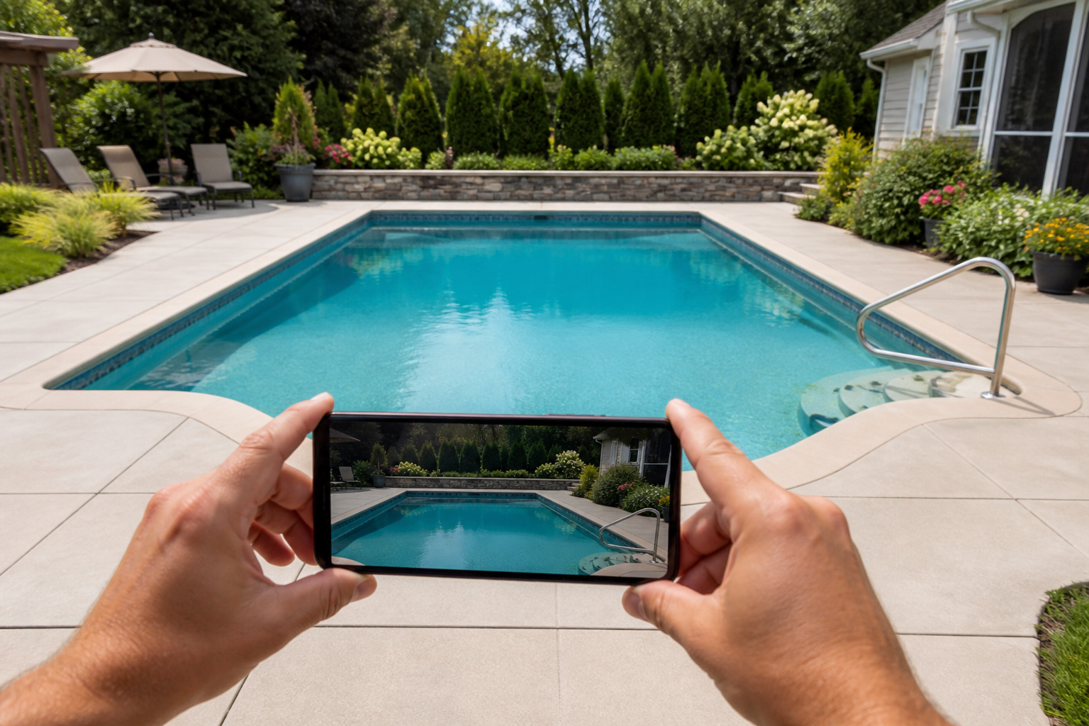 Homeowner taking one clear photo that shows the entire pool and surrounding deck