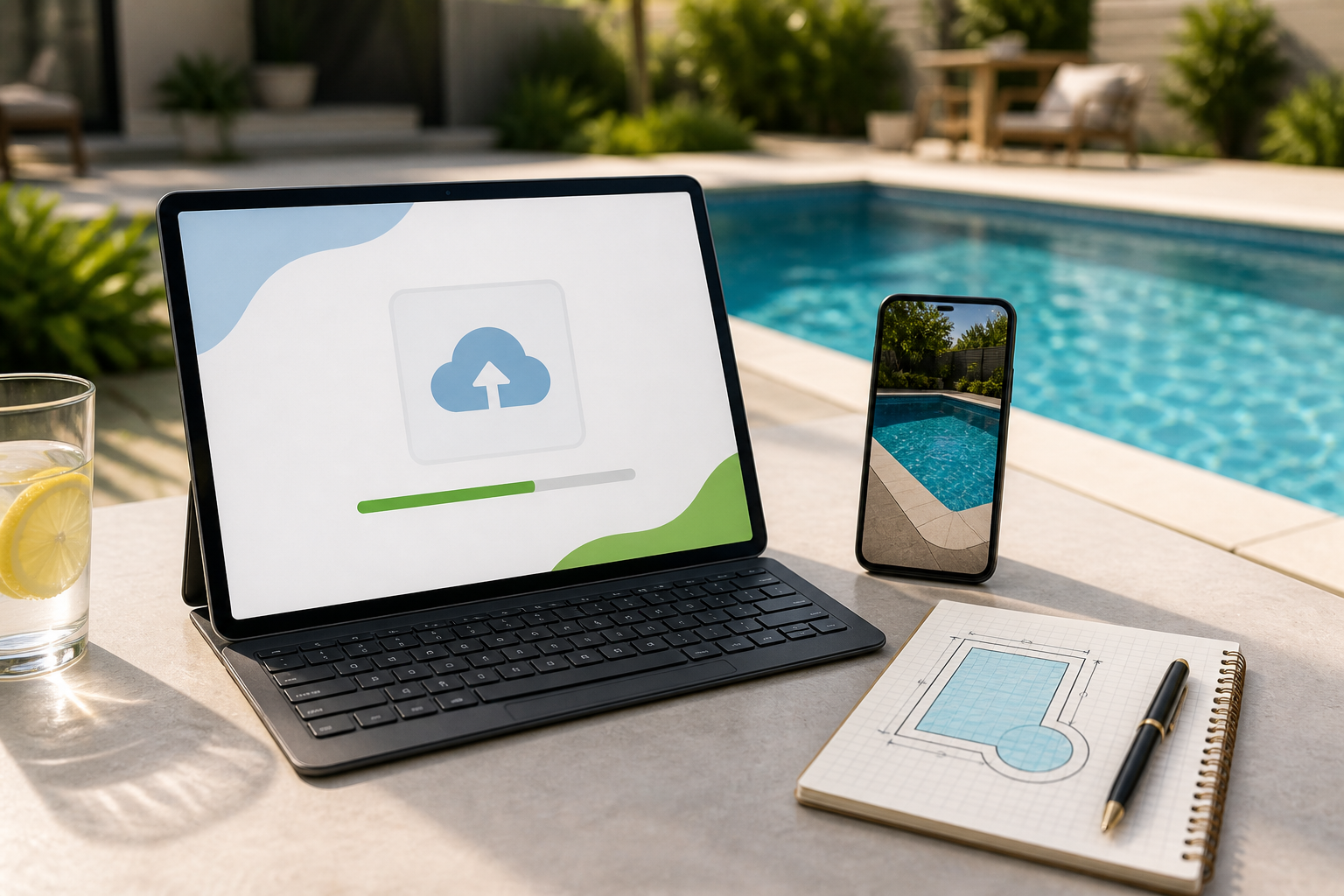 Tablet and phone beside a pool showing a remote upload process