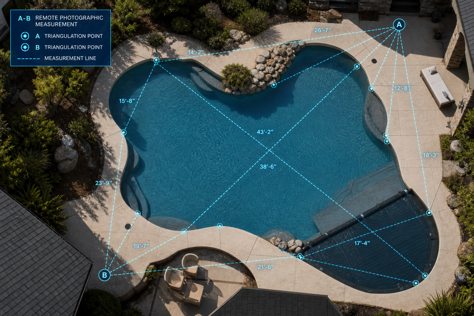 Aerial view of a swimming pool with A/B triangulation measurement lines overlaid, illustrating CoverFit's remote measurement technology