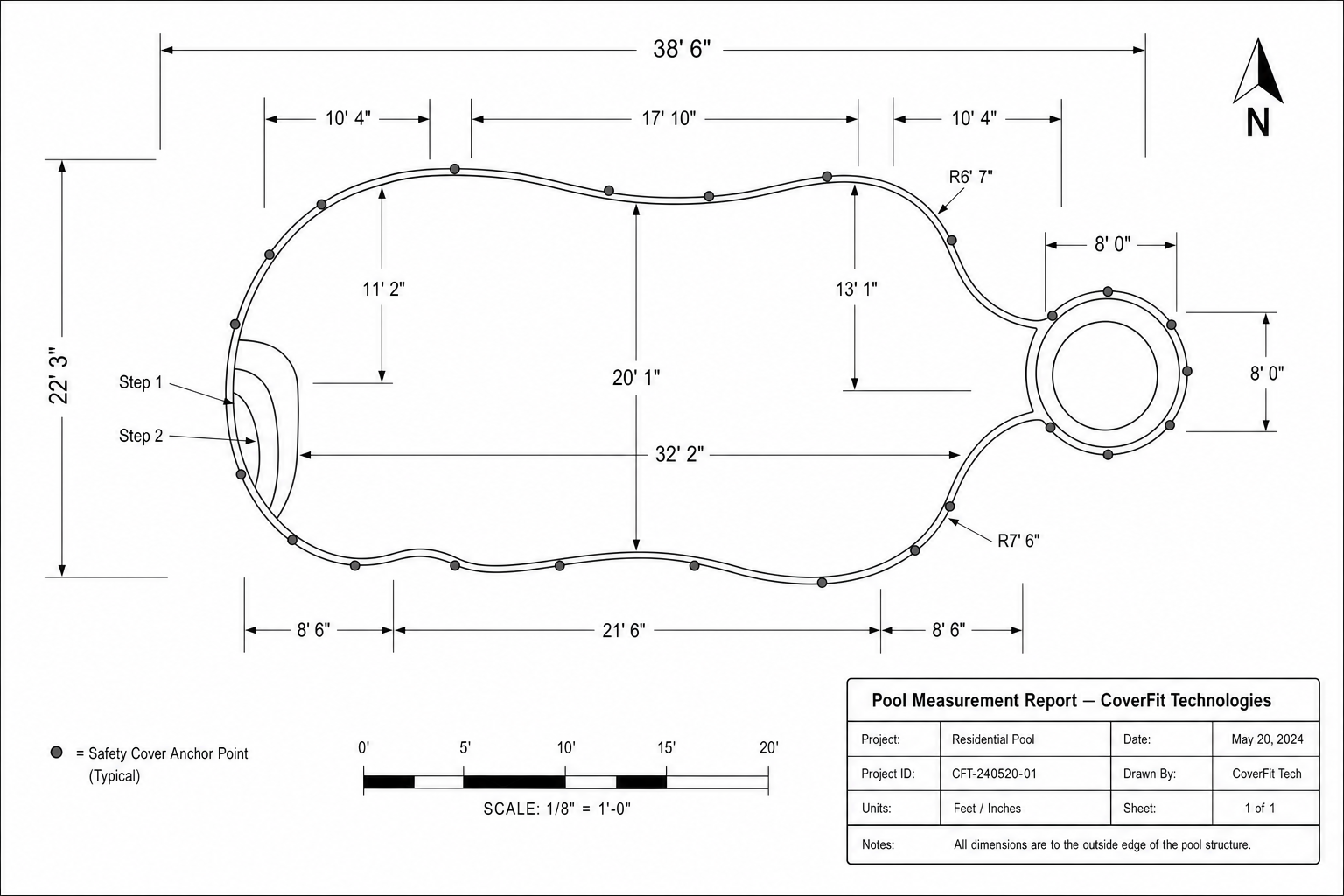 Clean CAD-style top-down pool diagram with precise dimensions, anchor points, and step labels on white background