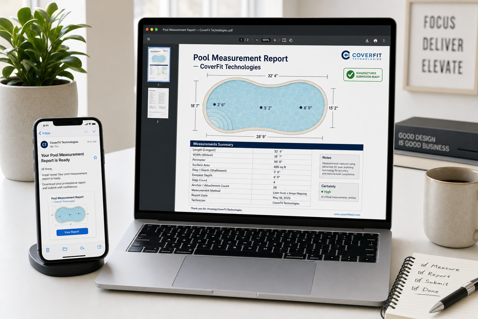 Laptop showing a professional PDF pool measurement report on screen, with a phone nearby showing an email notification