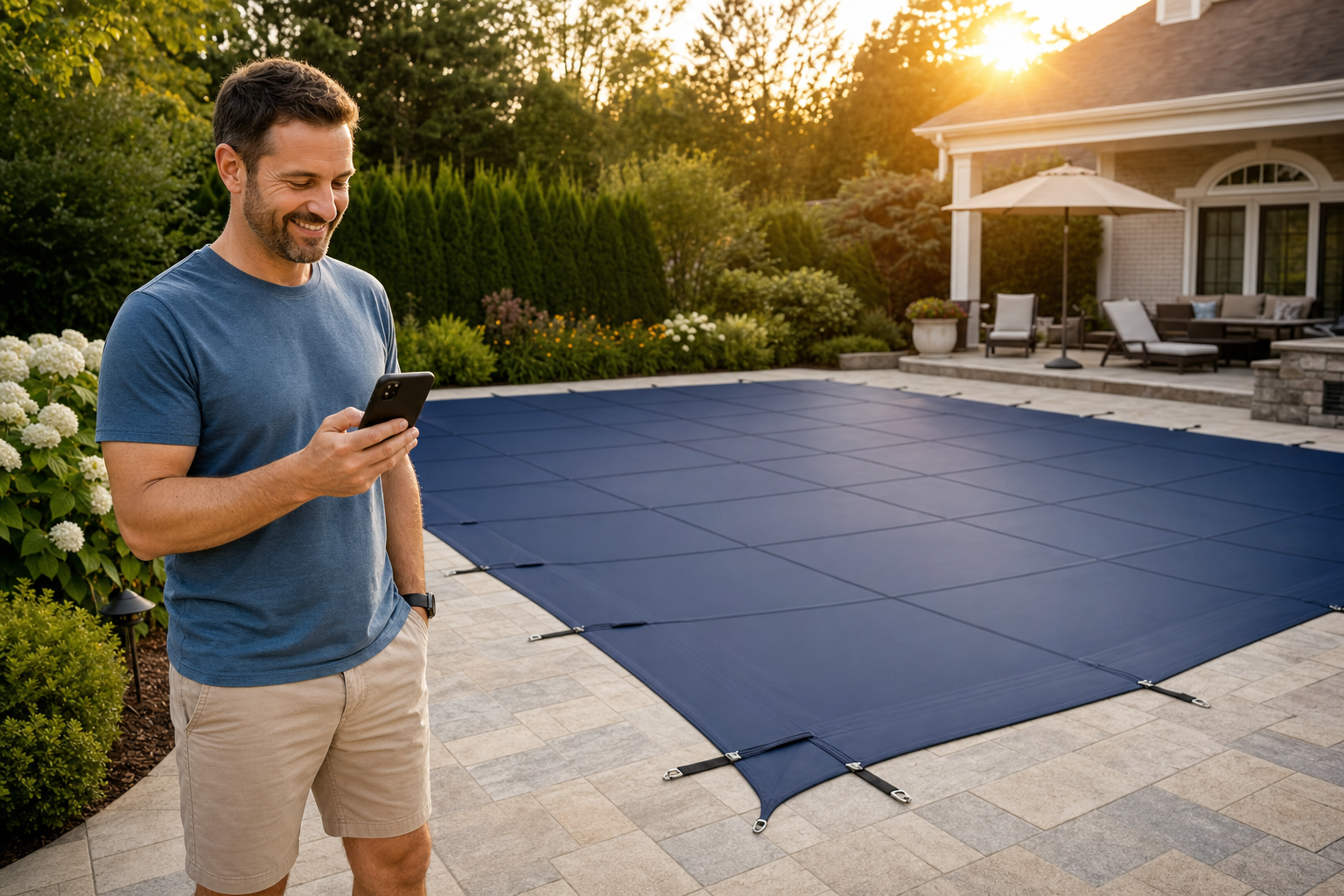 Happy homeowner standing next to a neatly installed safety pool cover on a backyard pool